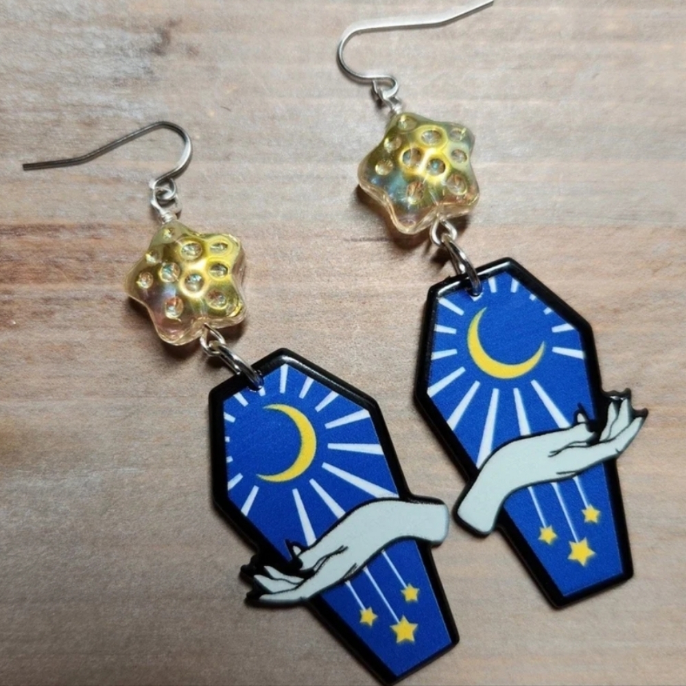 Blue Coffin Earrings with Star and Moon Design